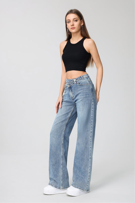 LAVK Cross Waist Wide Leg Jeans- vintage blue