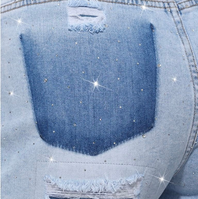 LAVK Super Stretch Destroyed Strass Denim Short Lichtblauw