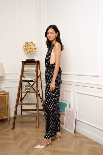 Polkadot Halter Jumpsuit met Open Rug