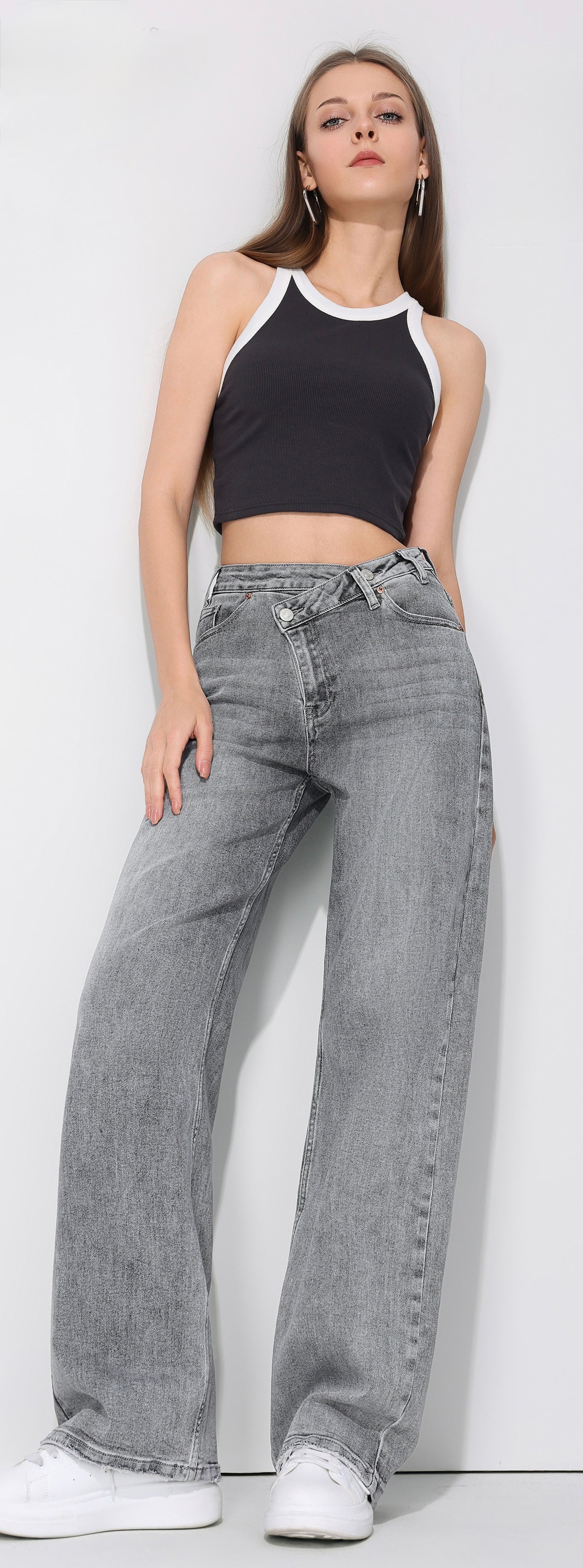 LAVK Cross Waist Wide Leg Jeans- grey