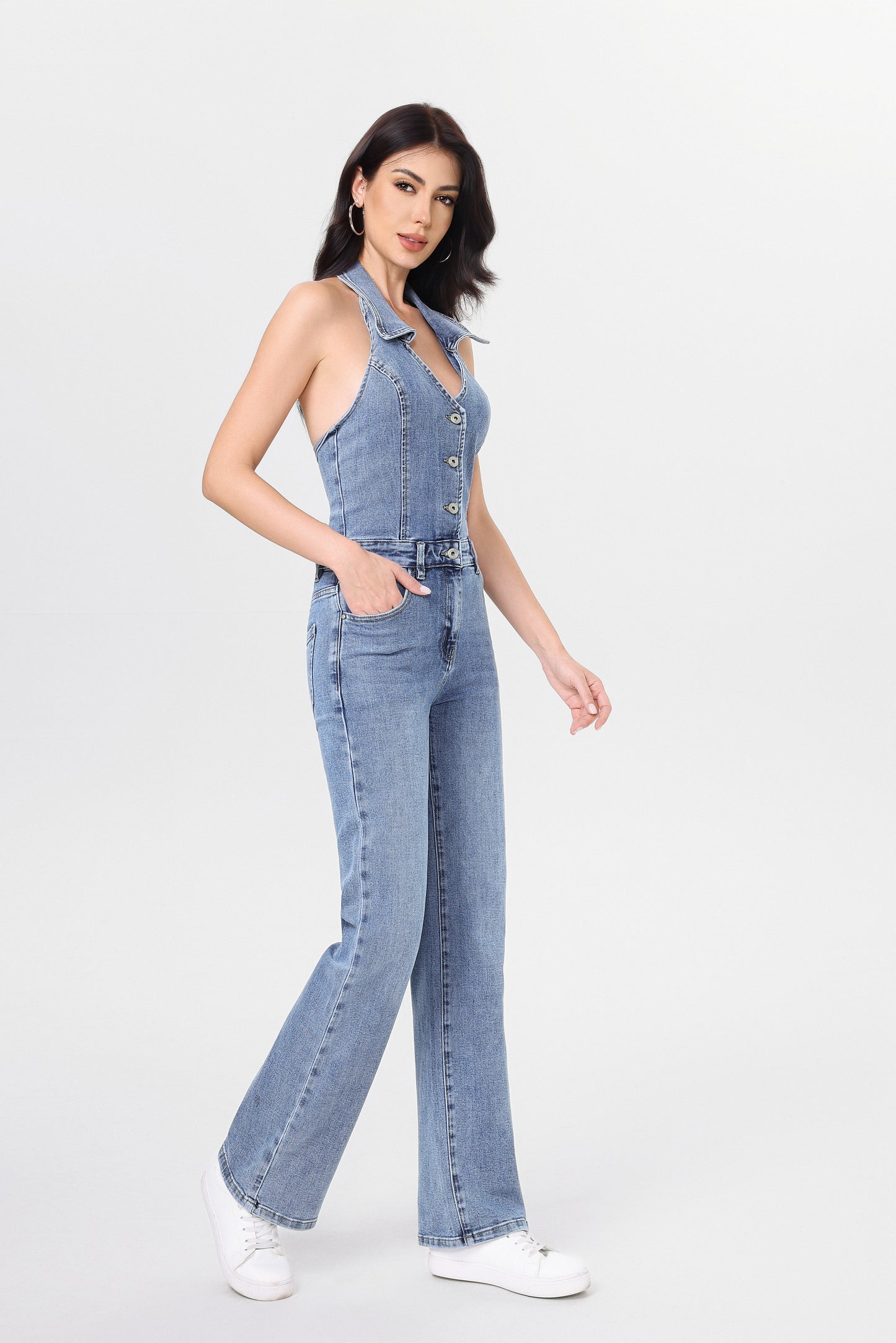LAVK Halter Denim Jumpsuit Wide Leg Light Blue