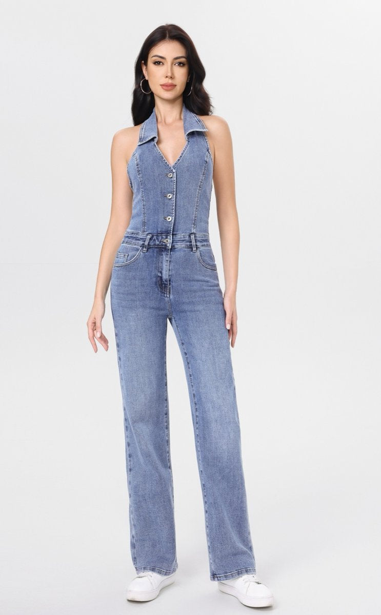 LAVK Halter Denim Jumpsuit Wide Leg Light Blue