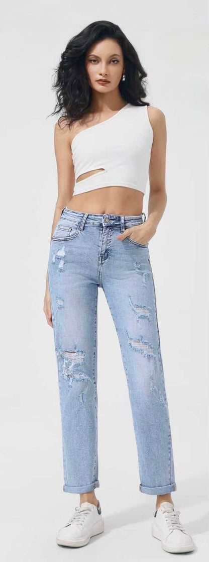 LAVK Mom Fit Jeans – Light Blue Destroyed Wash
