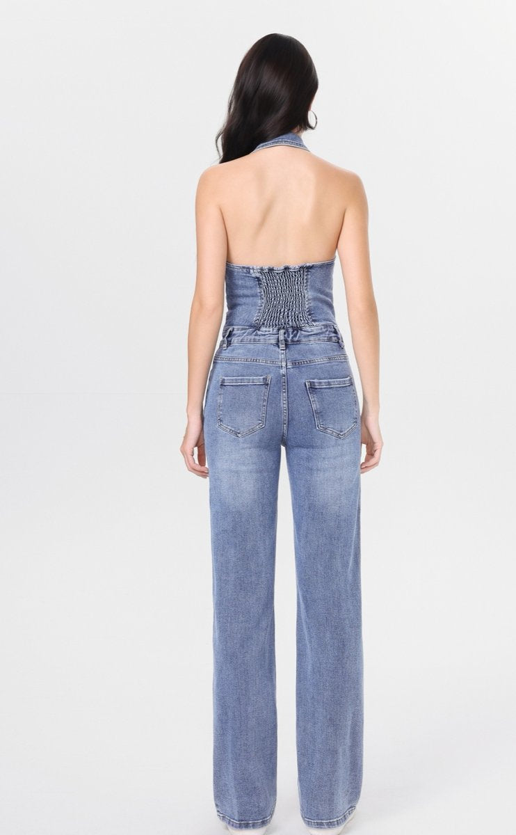LAVK Halter Denim Jumpsuit Wide Leg Light Blue
