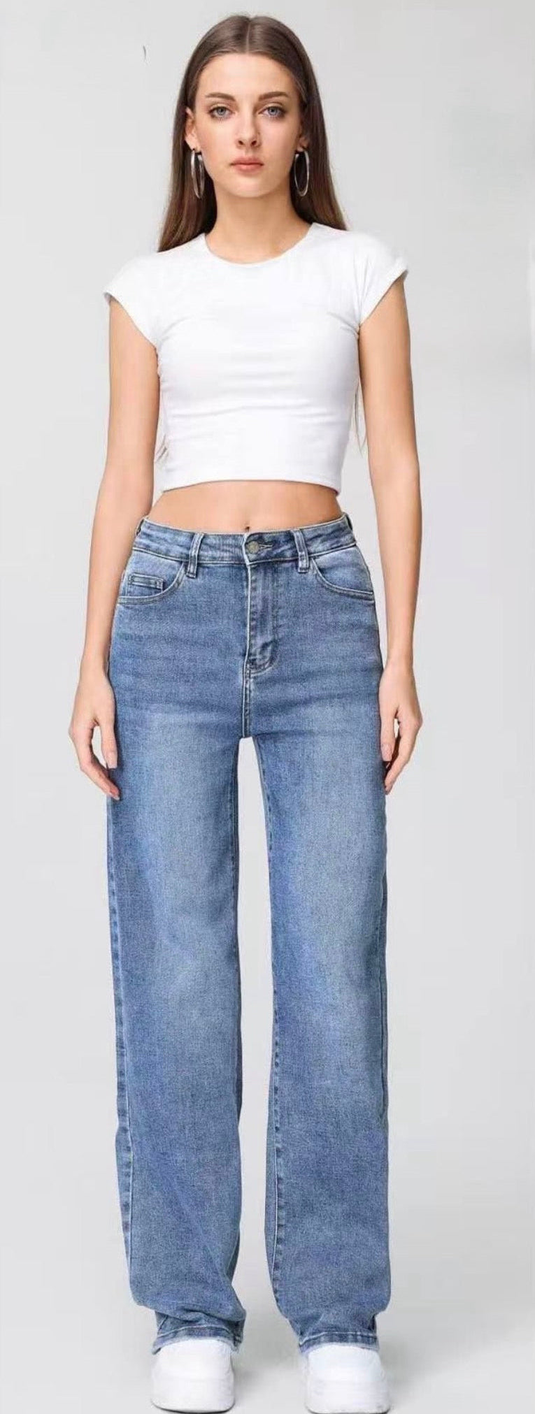 LAVK Super Stretch Wide Leg Jeans-Mid Blue