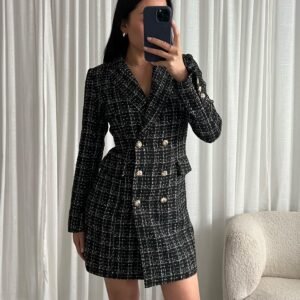 Elegante Tweed Blazerjurk met Gouden Knopen