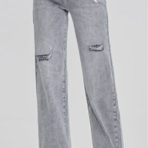 Grijze Wide Leg Jeans met Destroyed Details – Stretch